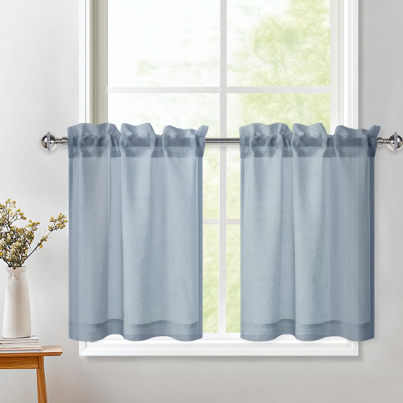 DWCN Dusty Blue Kitchen Curtains 36 Drop, Rod Pocket Voile Curtain Net Small Cafe Curtains, Light Filtering Short Curtain for Bathroom Wardrobe Nursery Window Treatment, W25 x L36 Inch, 2 Panel — image 1