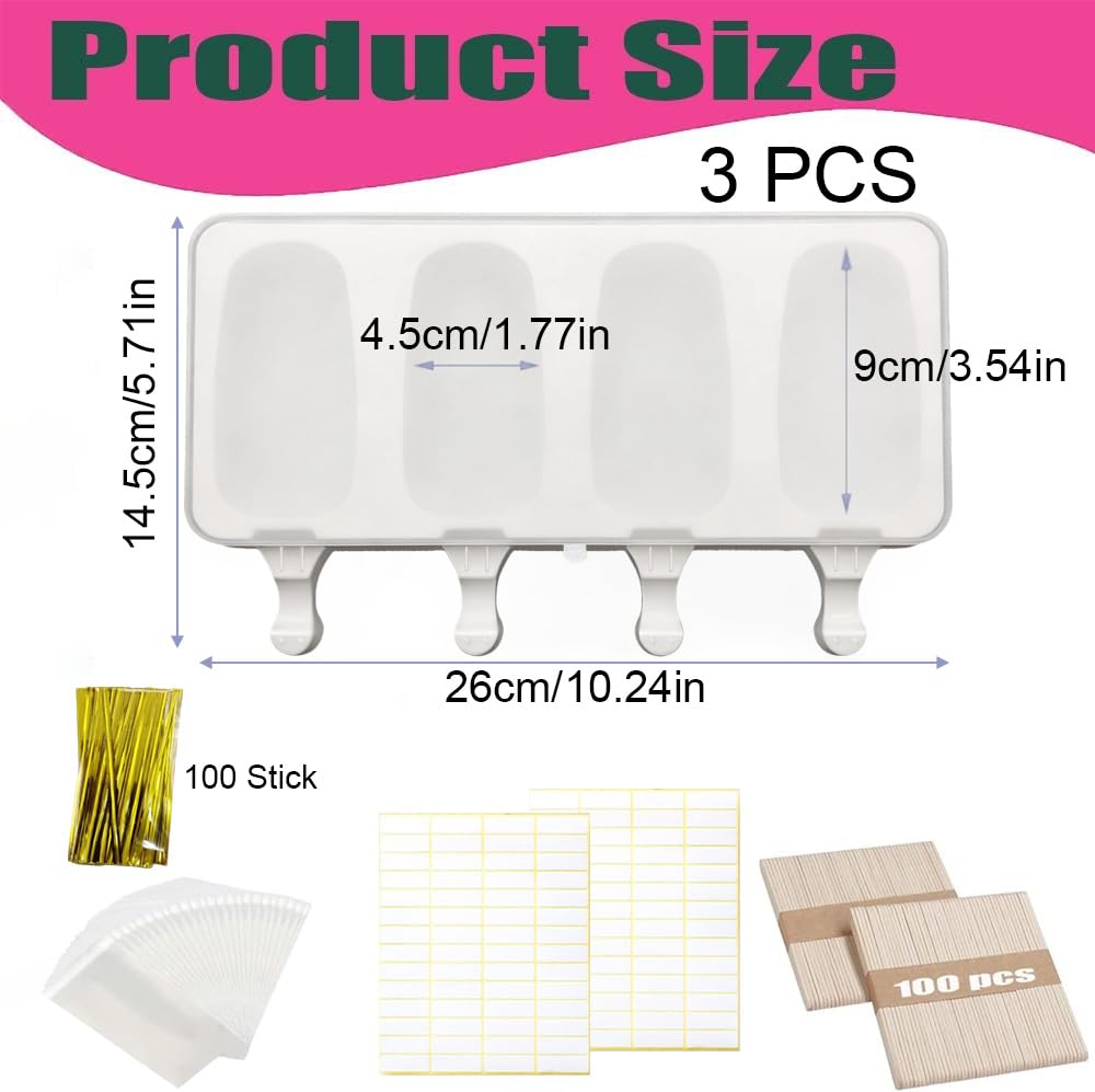3 Moldes Para Helados con tapa, Molde de silicona para helado, Incluye 100 palitos de helado 100 bolsas para envolver, 100 cintas y 100 pegatinas, para helados congelados para hacer tú mismo