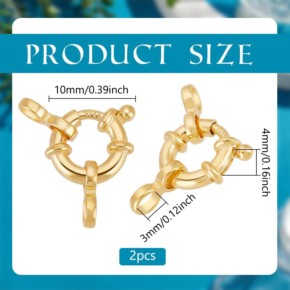 PH PandaHall 18K Gold Plated Spring Clasps 925 Sterling Silver Spring Clasps 2pcs Round Close Ring Clasp 10 mm Necklace Jewelry Link Connectors for DIY Necklaces Bracelet Anklets Jewelry Making