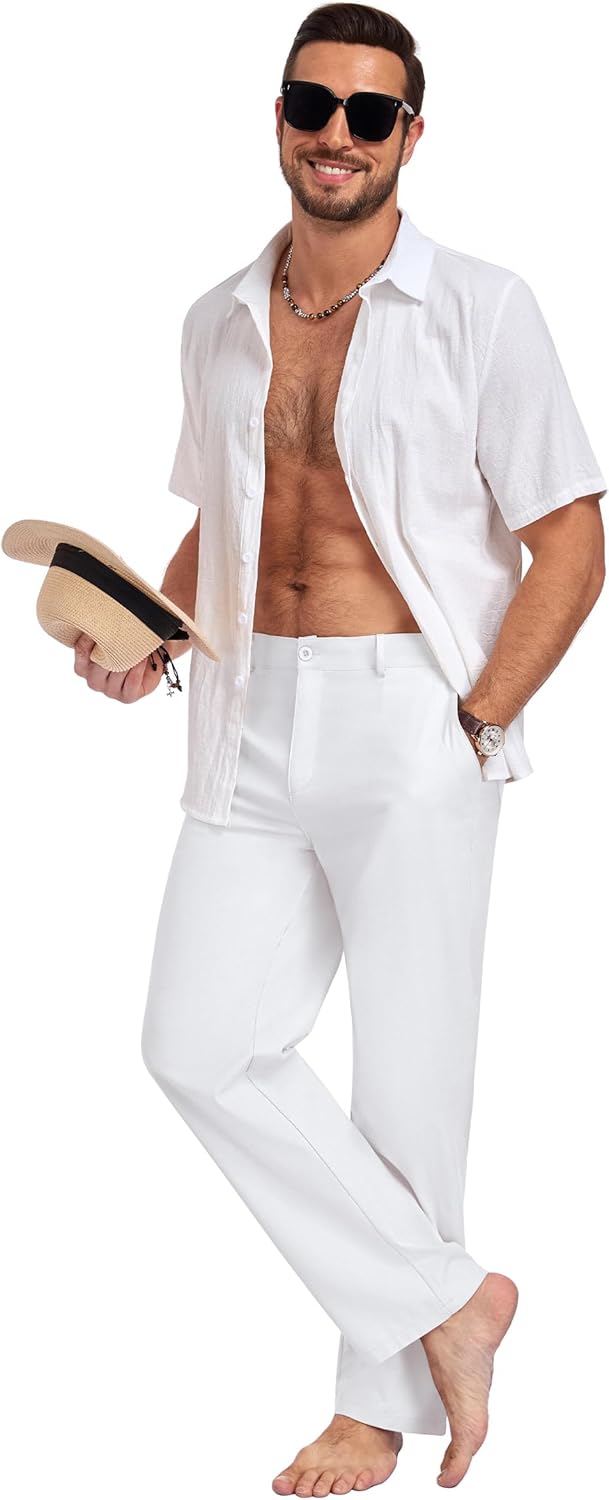 Puimentiua Men Linen Cotton Pants, Work Pants for Men Elastic Drawstring Waist Spring Summer Bussiness Casual Trousers - Image 7