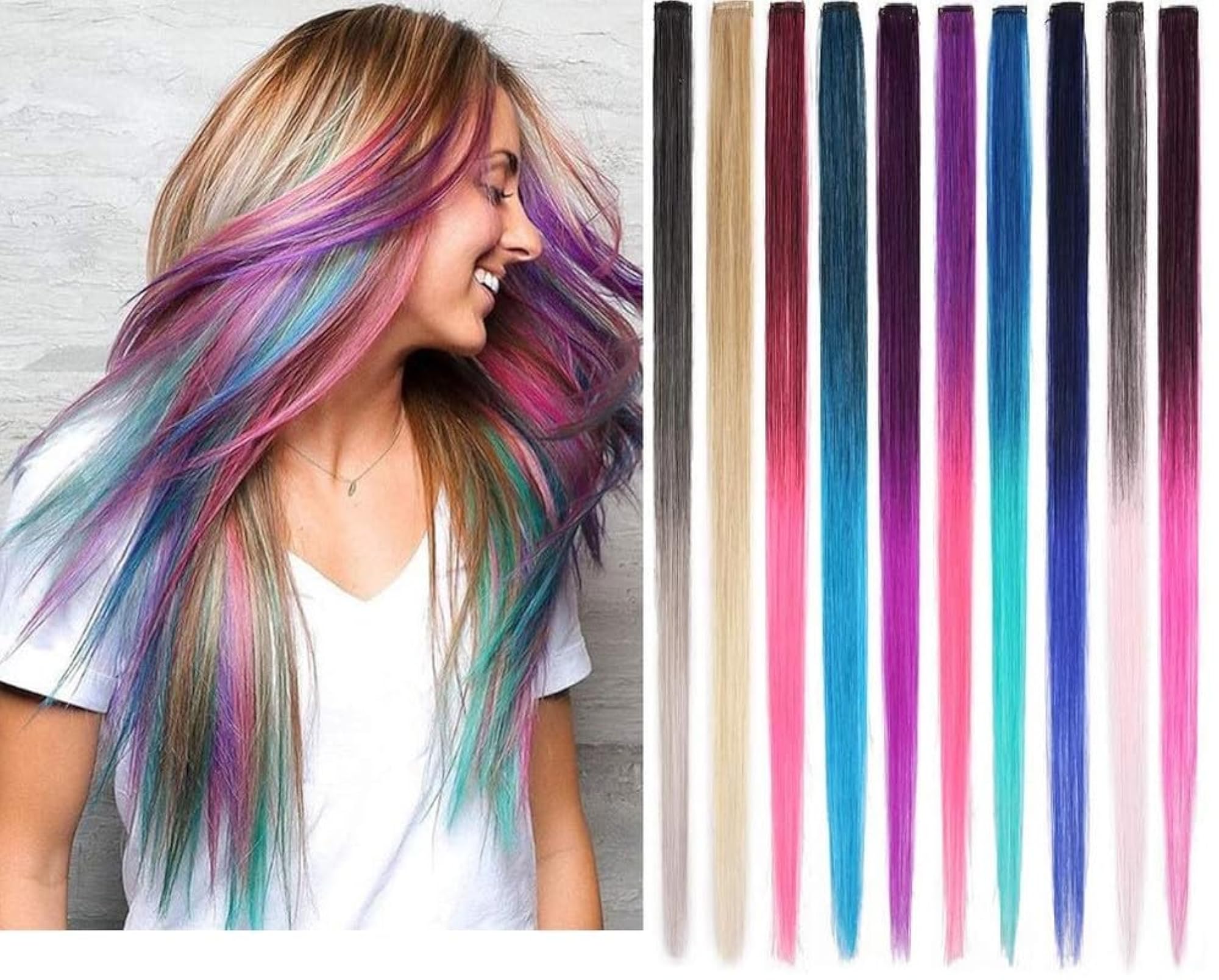 10pcs Colorful Clip Hair Extensions for Women, 22"