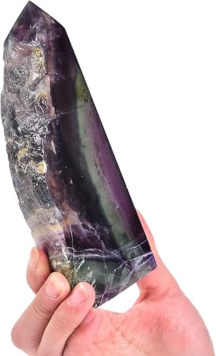 Miniatura 2 de AMOYSTONE Varita de piedra de cristal de fluorita natural, obelisco, losa de torre grande, bloque de varita puntiaguda verde-morado, textura