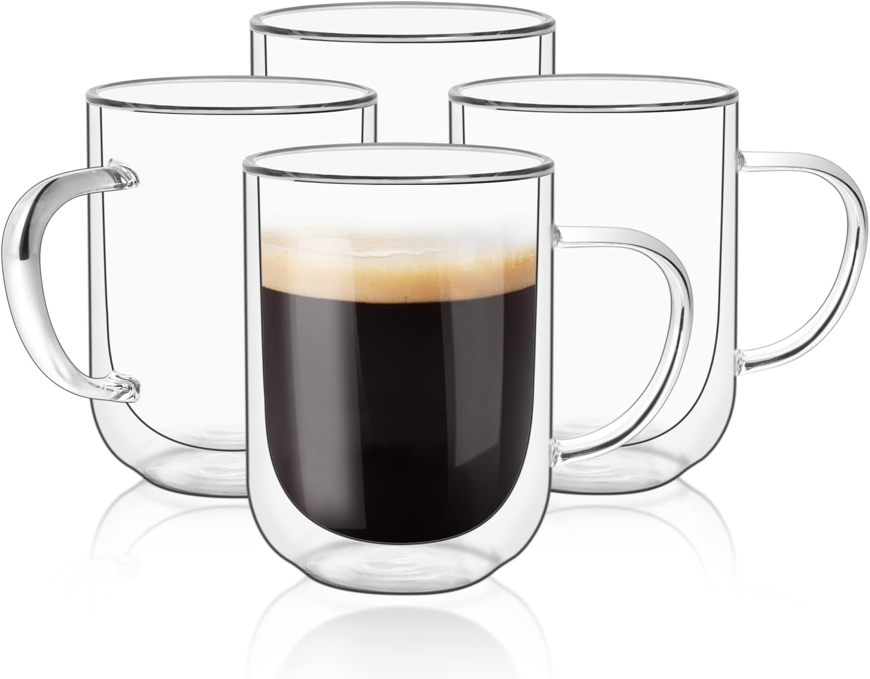 ComSaf Double Walled Glass Coffee Mugs (13oz), Thermal Insulated Borosilicate Glass Cups with Handle for Tea, Coffee, Latte, Cappuccino/Beverages, Pack of 4