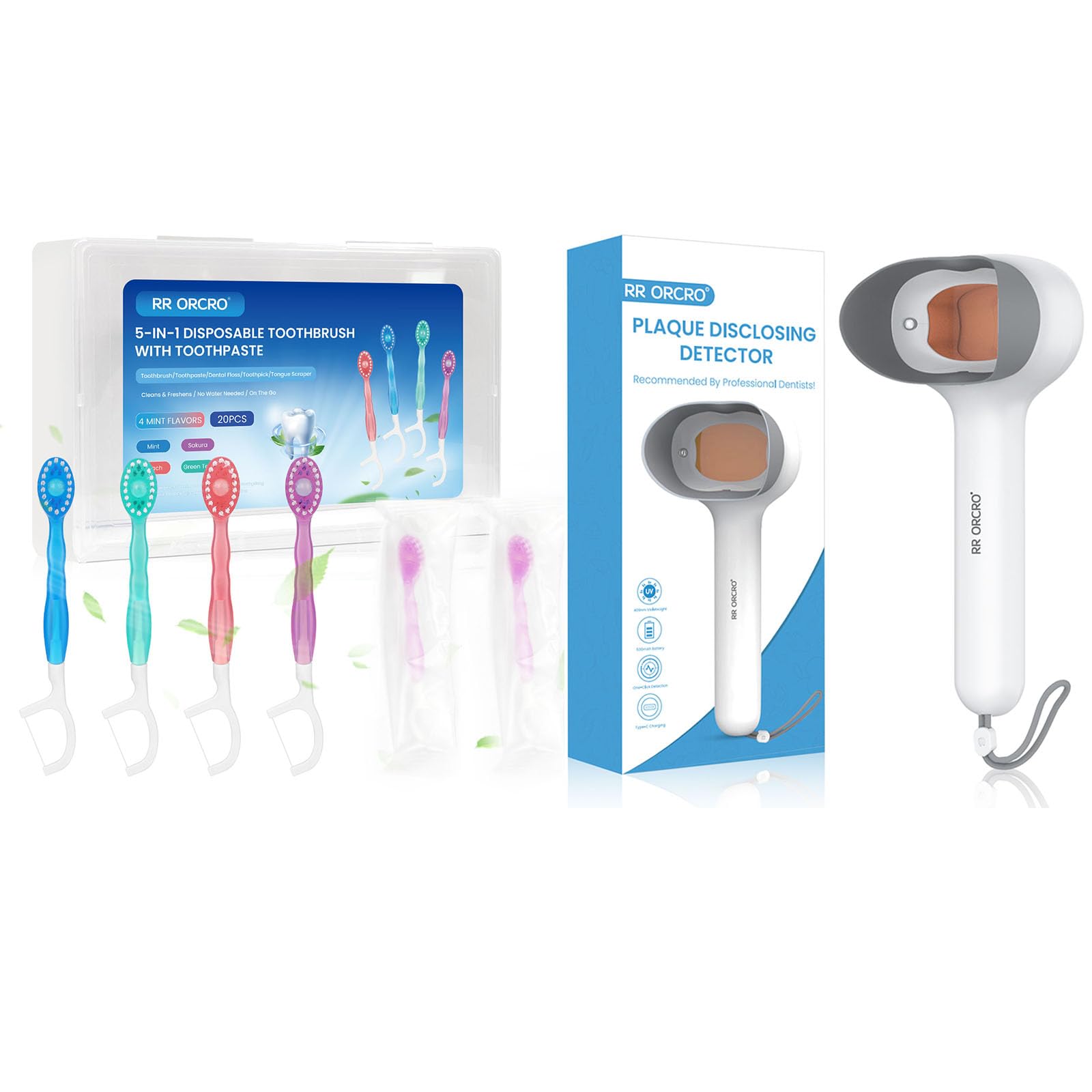20Pack 5-in-1 Mini Disposable Toothbrushes with Rechargable Dental Plaque Detector