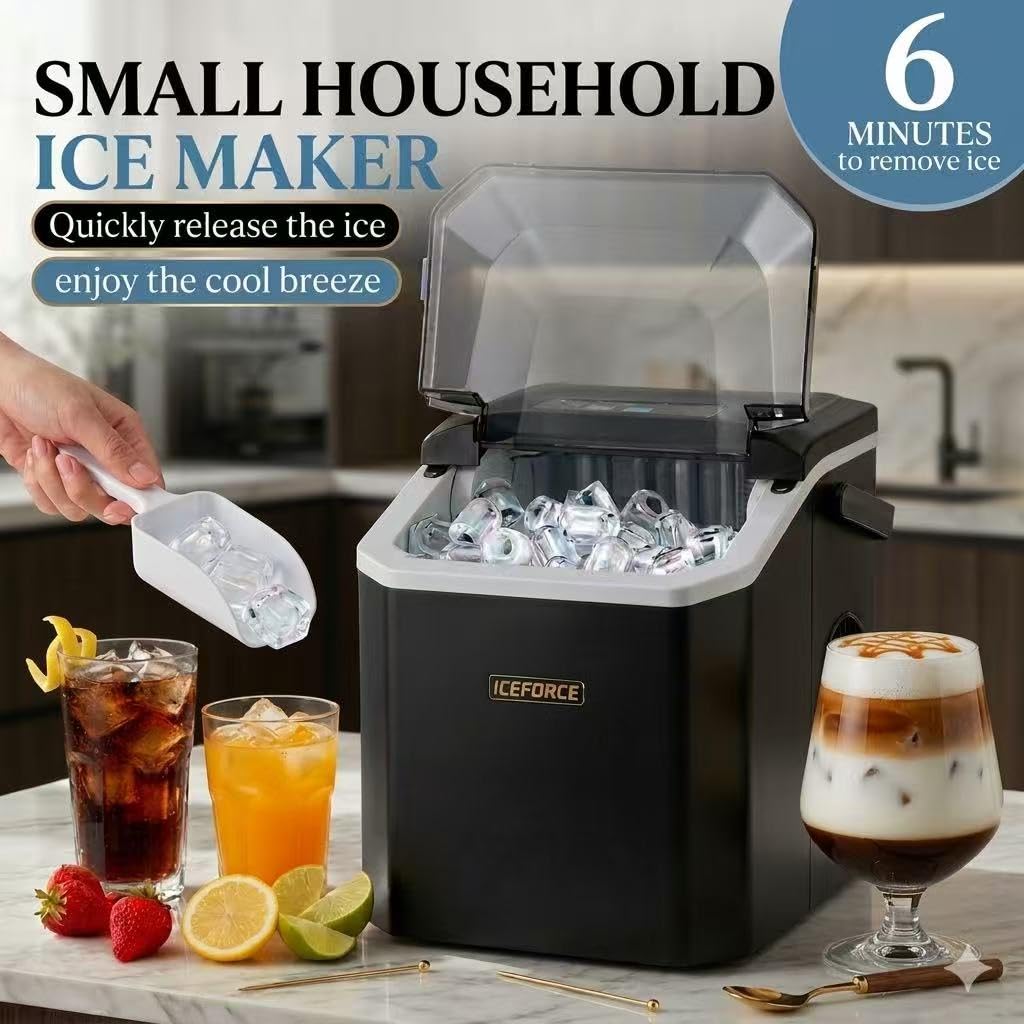Countertop Ice Maker, Portable Ice Maker Machine, 6-Minute Fast Bullet Ice Maker with Self-Cleaning, Compact Ice Machine with Handle, Basket & Scoop for Kitchen, Home, Office, RV Camping