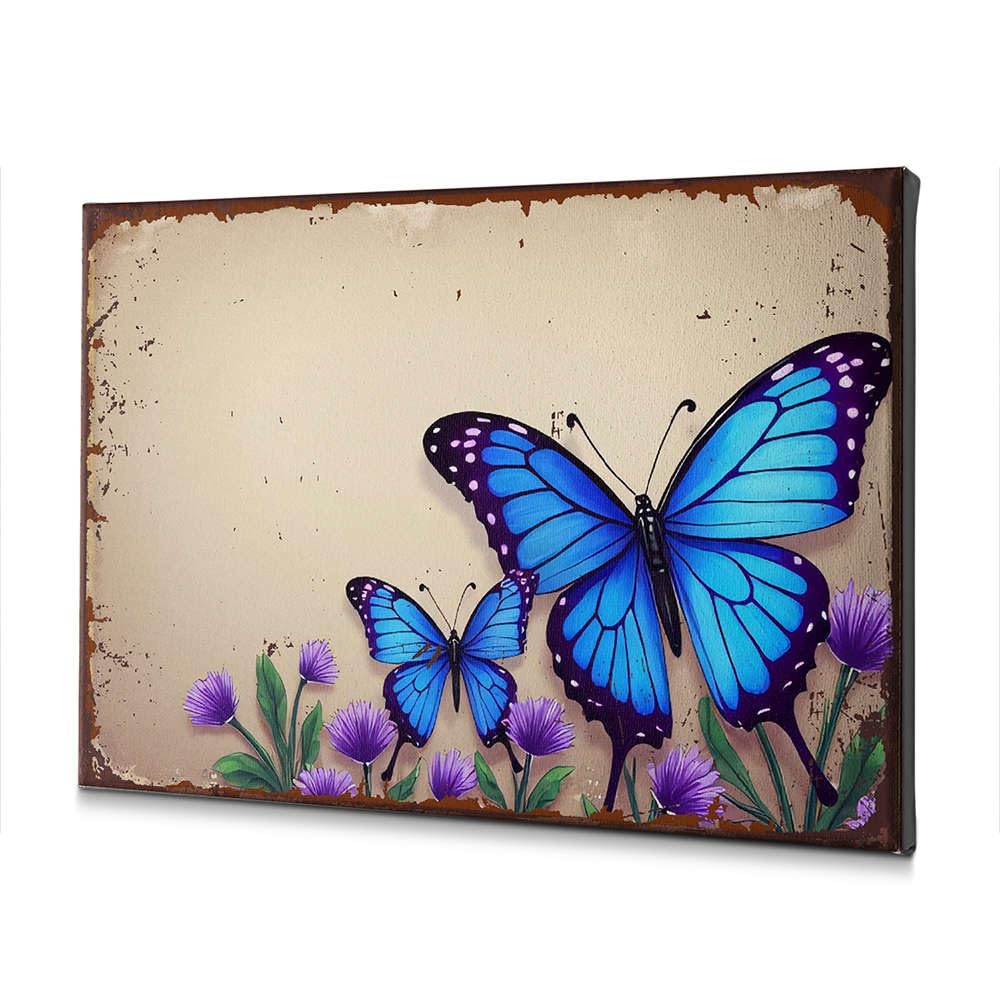 Toile papillons bleus fleurs violettes pour déco salon zen 30x40