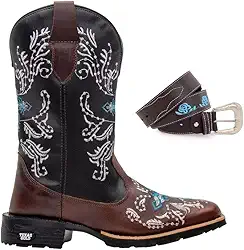 Kit Bota Texana Feminina Couro Country Bico Quadrado Café Azul com Cinto 10000