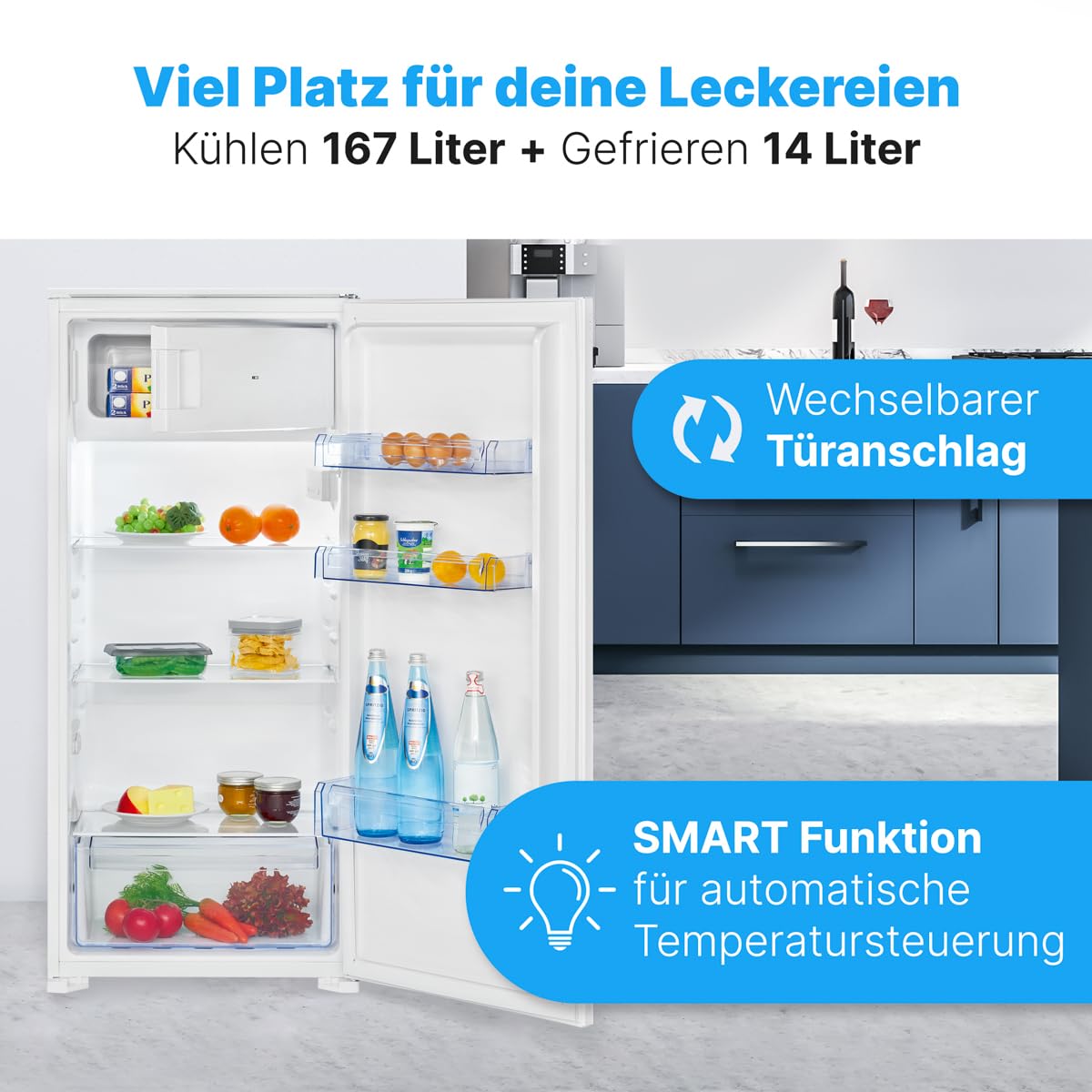 Bomann, Réfrigérateur et Congélateur Encastrable 181L Blanc KSE7812 - Réfrigérateur 167L, Congélateur 14L, Contrôle Électronique, Éclairage LED, Charnière Coulissante, Super Congélation