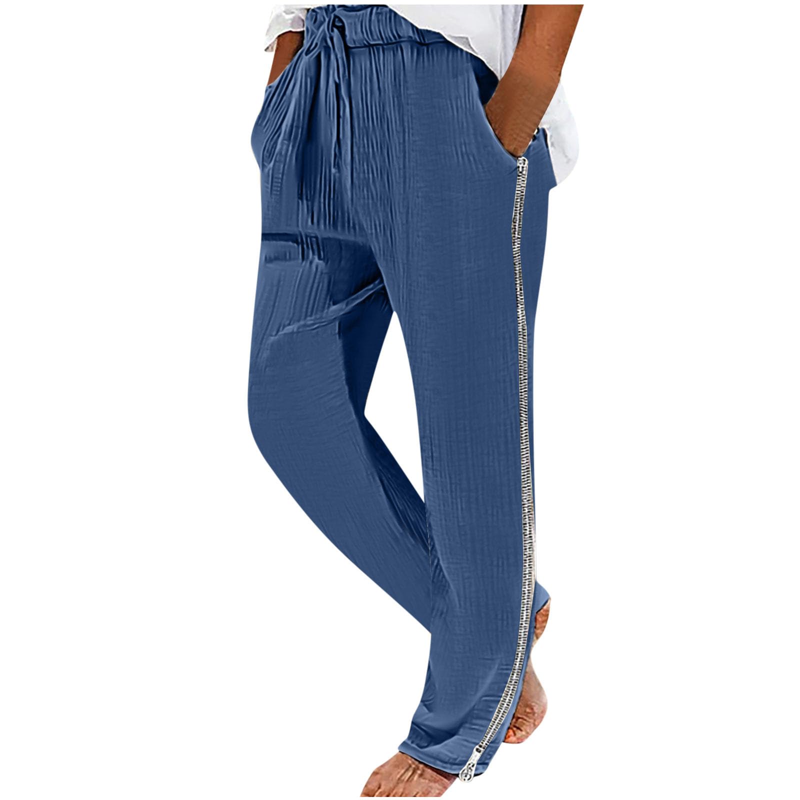 Men Linen Pants Side Zipper Pants Drawstring Tapered Pants Elastic Waist Trousers Losse Fit Summer Pants Dress Pants