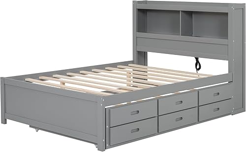 Miniatura 7 de Polibi Cama de plataforma de tamaño individual con dos cajones de almacenamiento, plataforma de madera con cabecera y estribo, gris