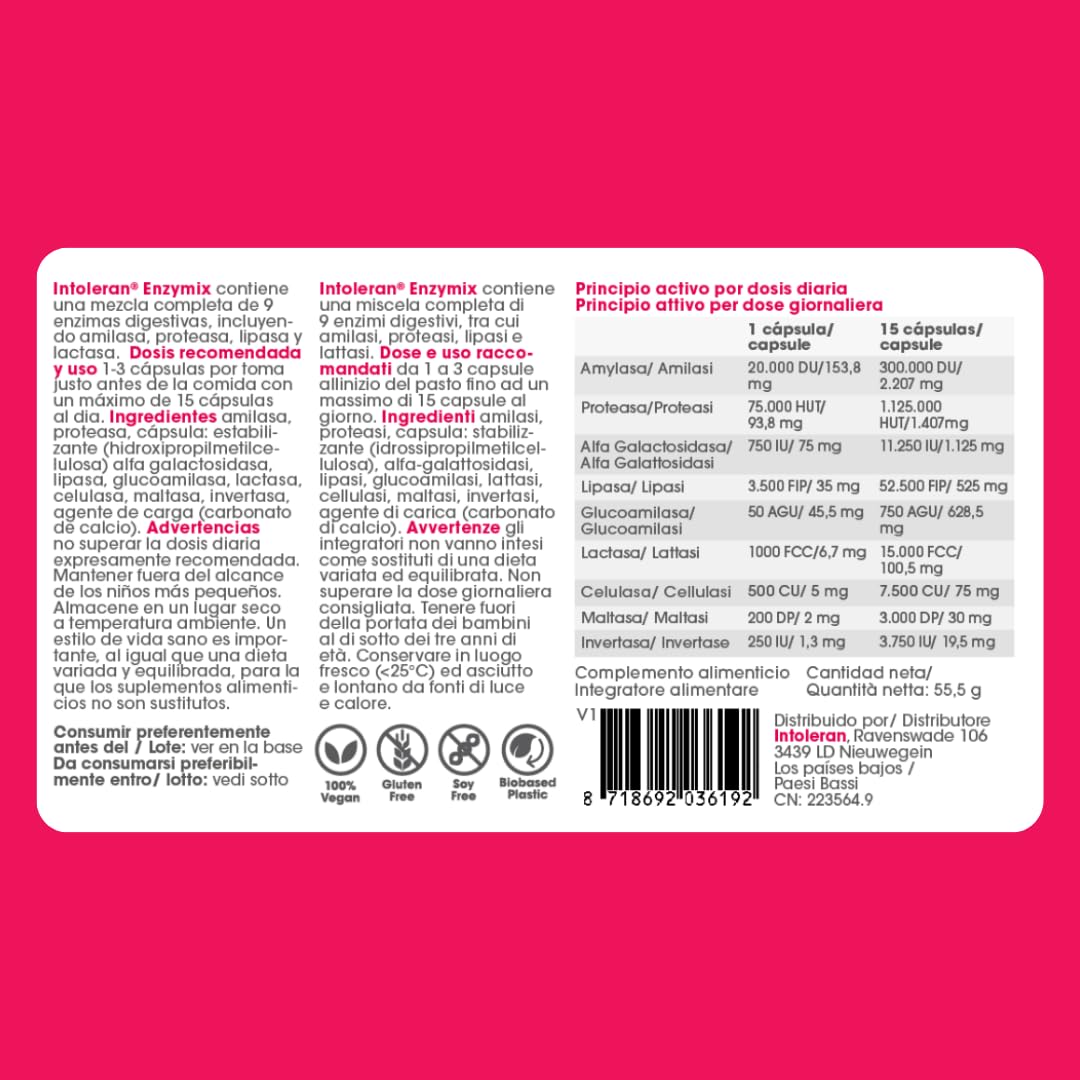 Intoleran Enzymix Enzimi digestivi – 108 capsule | Favorisce la digestione di grassi, proteine, carboidrati e lattosio, Puro, vegano e senza glutine
