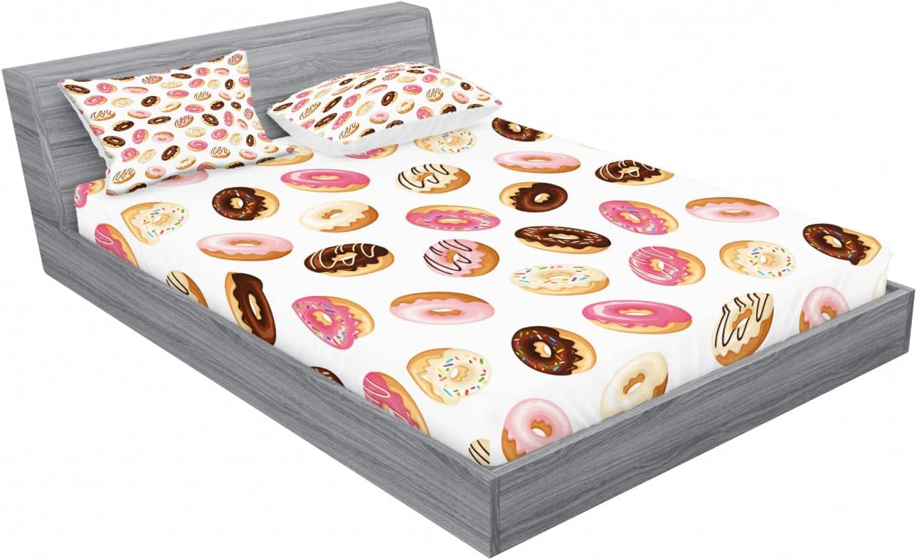 Ambesonne Food Fitted Sheet & Pillow Sham Set, American Traditional Classic Breakfast Fast Food Dessert Tasty Donuts Art Print, Decorative Printed 6 Piece Bedding Decor Set, Full, Coral Cream