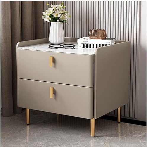 Mesita de noche moderna de mediados de siglo Mesita de noche con parte superior de mármol sintético, mesa de noche de madera con 2 cajones de cuero