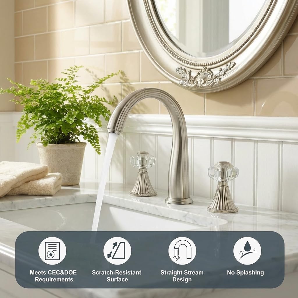 3 Hole Brushed Nickel Crystal Sink Vanity 8 Inch Brass 2 Handles 2 Tone Widespread Modern Unique 3 Piece Bathroom Sink Faucets, Antique Lavabo Faucet, Vintage Lavatory Vessel Luxury Mixer Tap