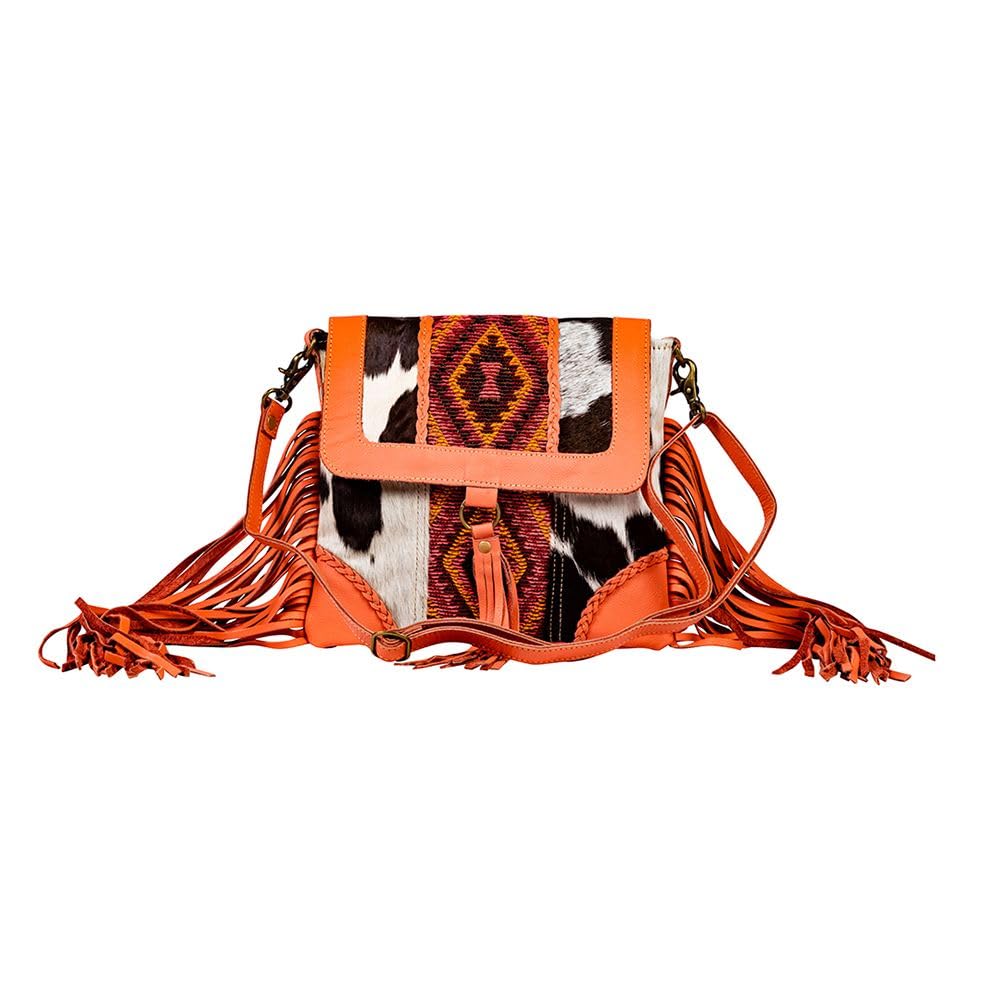 Myra Bag Shoulder Bag for Women - Western Upcycled Hairon Canvas & Leather Tassel Bag Orange