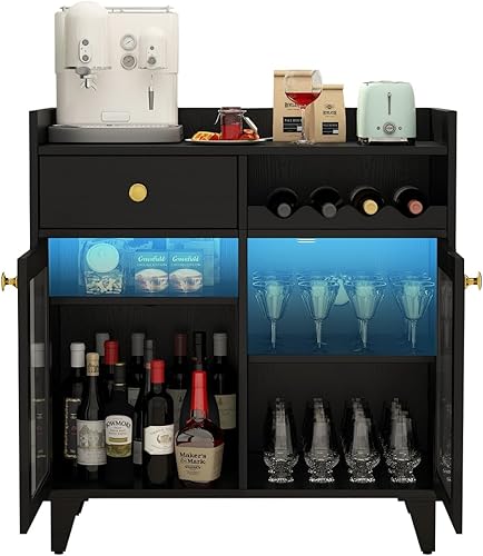 COCO DESIGN Armario pequeño para bar de vinos con luz LED, gabinete moderno de licor de café con almacenamiento para el hogar, aparador de buffet