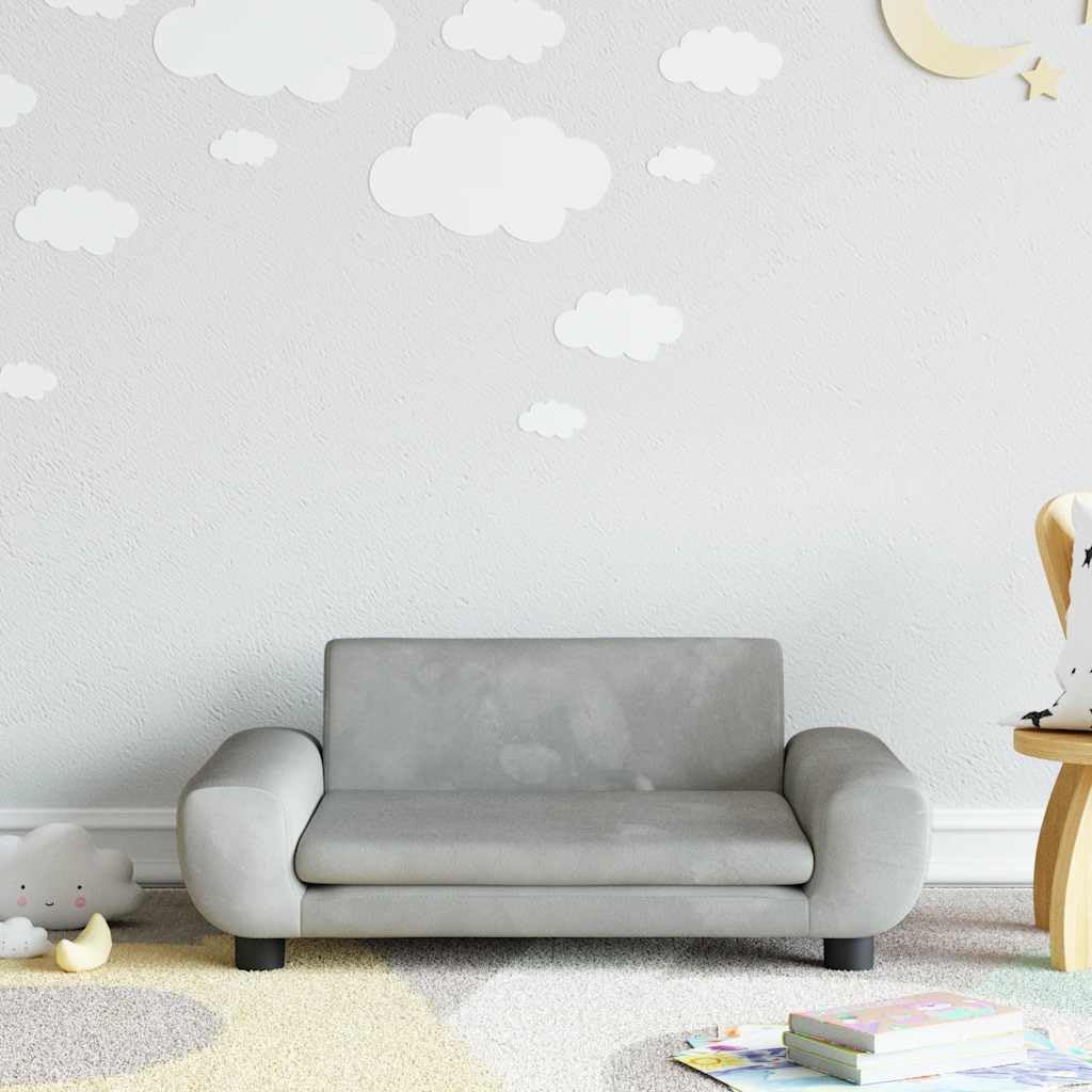 Sofa dziecięca jasnoszara z aksamitu z wyściółką piankową i ramą z drewna sosnowego, 70 x 45 x 33 cm, ławka do siedzenia do pokoju dziecięcego, dla 3 do 6 lat, do 50 kg, przytulne miejsce do