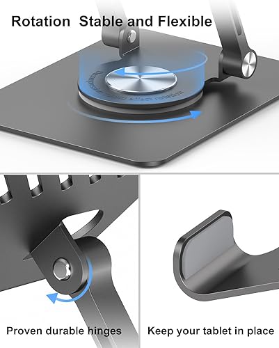 Miniatura 10 de JUANWE Soporte para tablet con base giratoria de 360, soporte plegable ajustable para iPad, soporte de aluminio para tableta, compatible con iPad