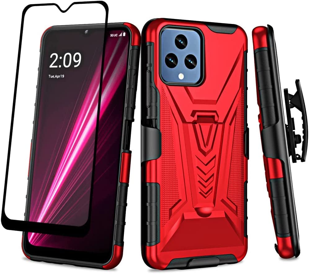 Compatible for TMobile Revvl 6 5G Case with Holster Belt Clip Hybrid Shockproof Protective Phone Cover with Kickstand - Red