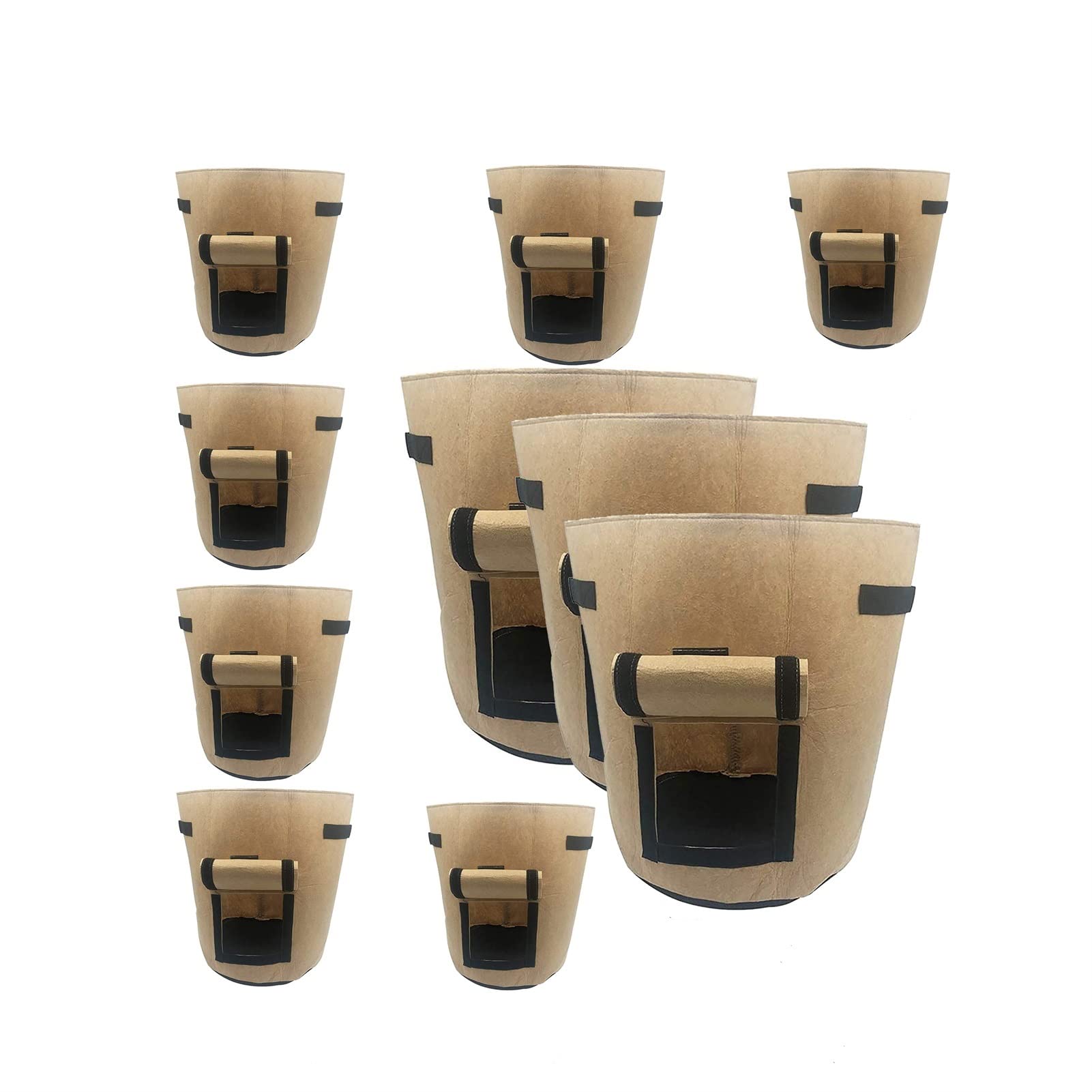 Bolsas de Cultivo de Patatas, 10 Piezas, Resistentes, Reutilizables, engrosadas, for Plantas de jardín, con Asas y Ventana de Cosecha for Tomate, Fresa y Verduras (Color : Beige, Tamaño : 5 Gallon)