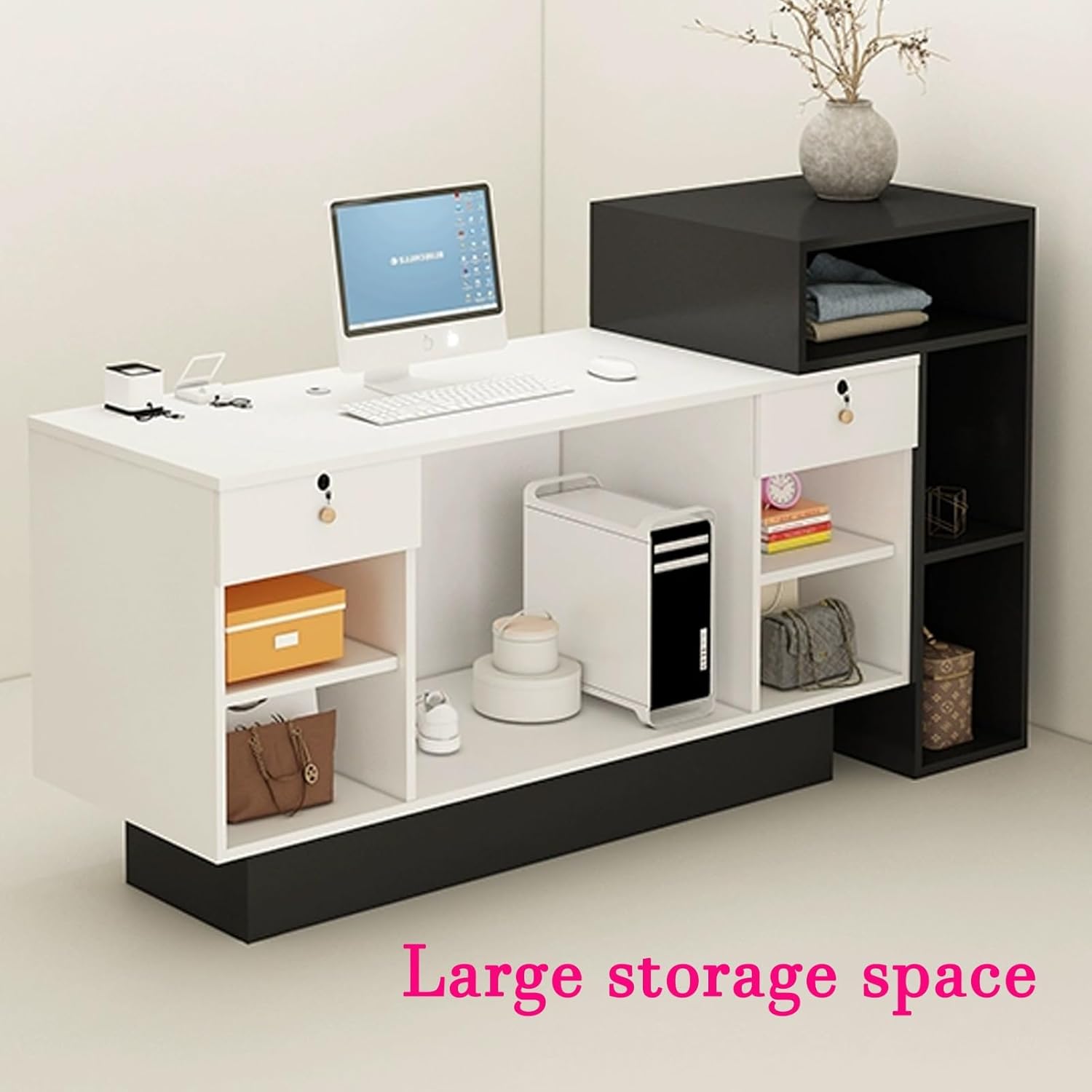 JKGHK Reception Desk, Front Counter Desk with Lockable Drawer, Reception Counter with Open Compartment Storage, for Salon Recetion Room Retail Checkout Office(Black Brown,47.2in/120cm)