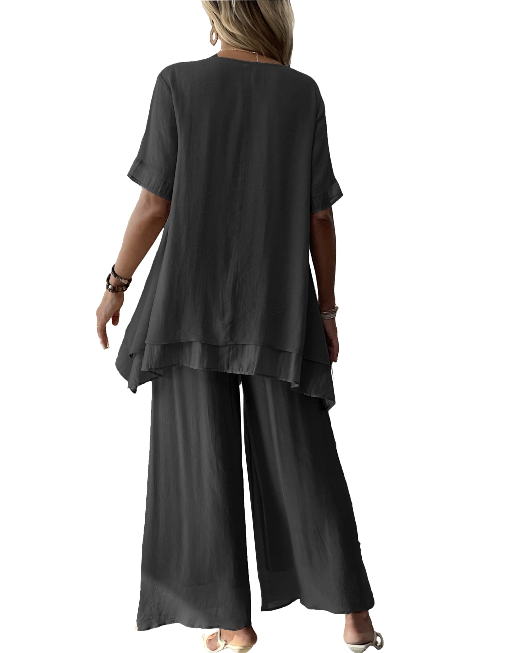 Fakanhui Completo da donna in lino a 2 pezzi, con ampia vestibilità e camicetta, estiva, elegante, a gamba larga, pantaloni a palazzo