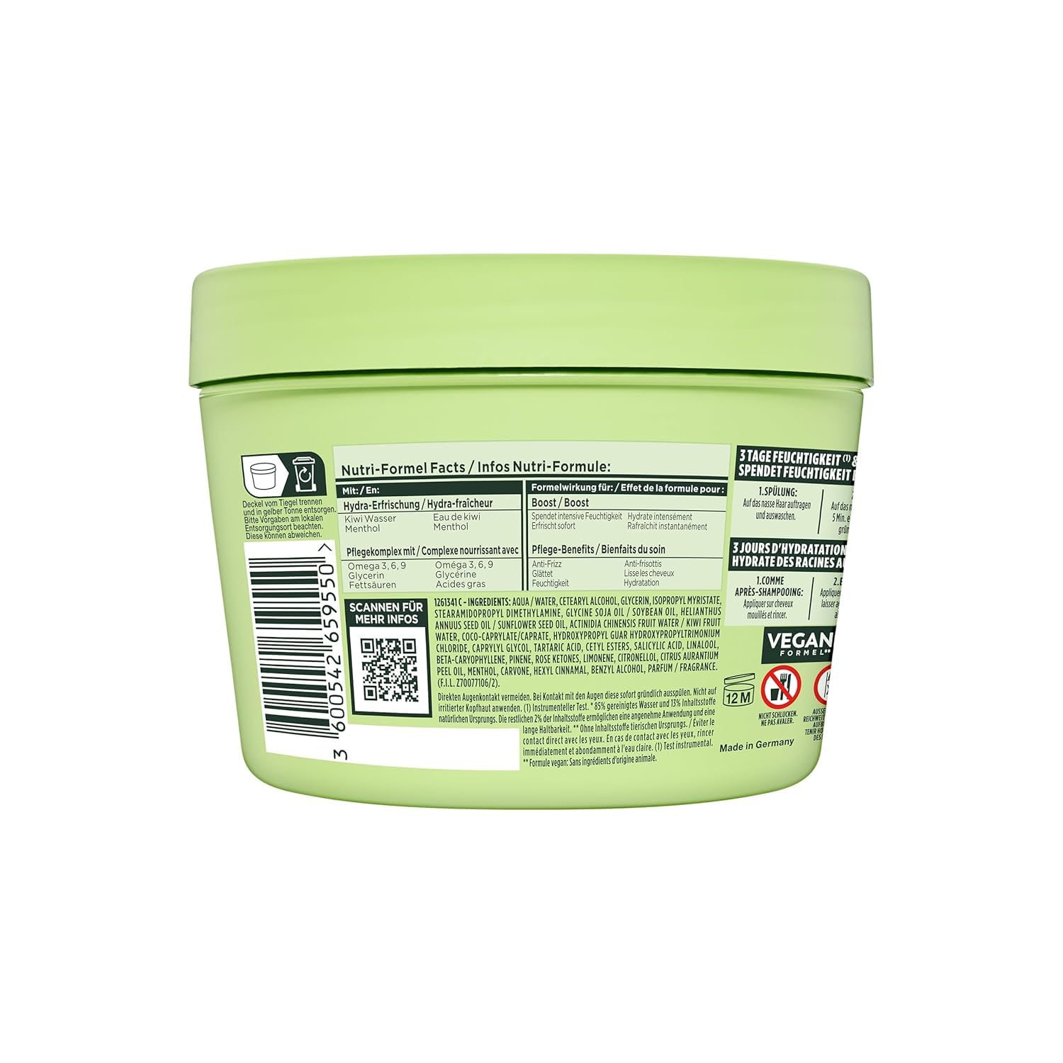 Garnier Fructis odświeżająca maska do włosów kiwi mentolowa do włosów, multi-zastosowanie z wodą kiwi i mentolem, dla nawilżenia i świeżości, 400 ml