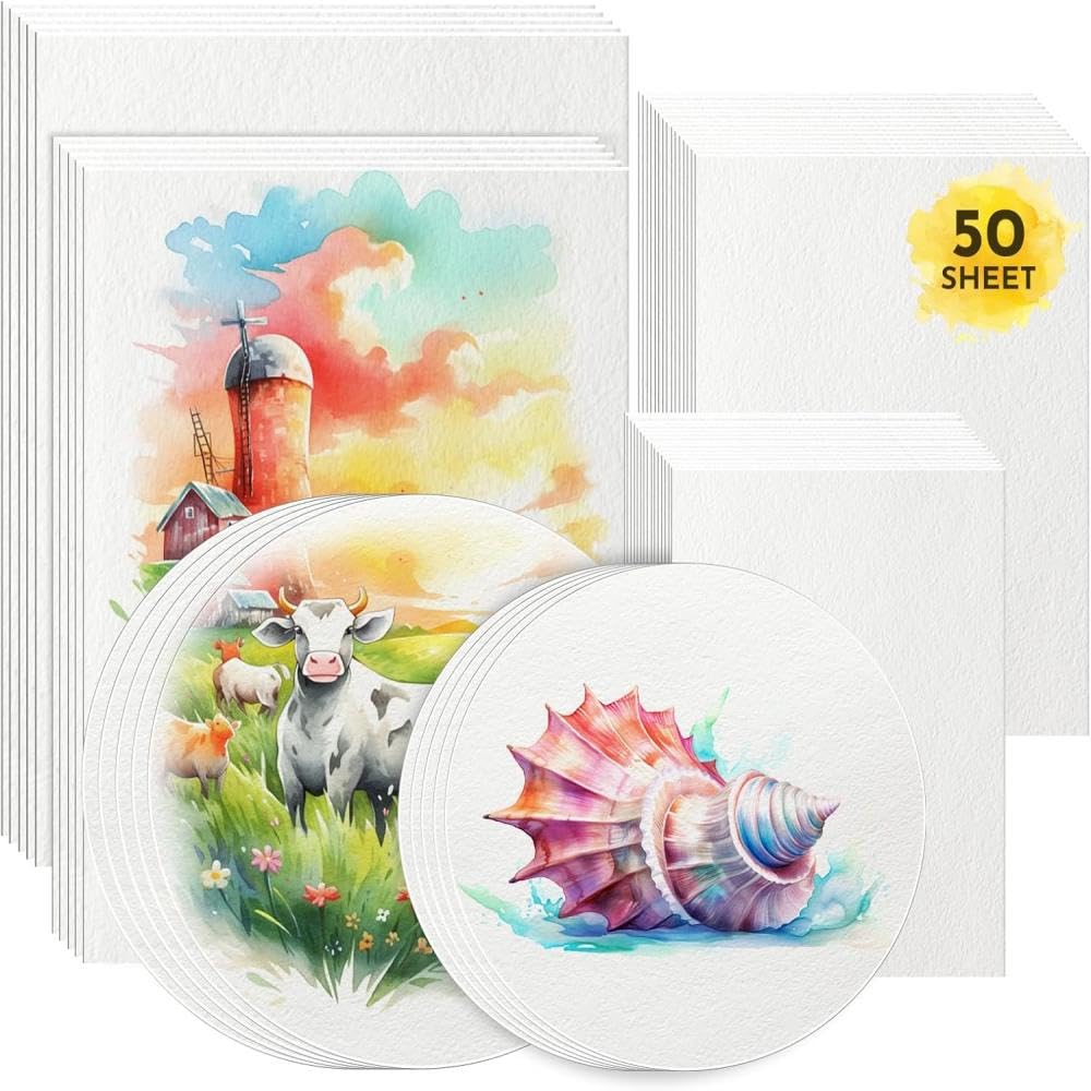AROIC 50 Sheets Watercolor Paper Bulk, 6 Sizes 9" x 12",8" x 10",8" x 8" etc.(300 GSM), White Water Color Paper for Kids, Adults, Artists, Painting & Craft Paper, Watercolor Paper, Drawing Supplies