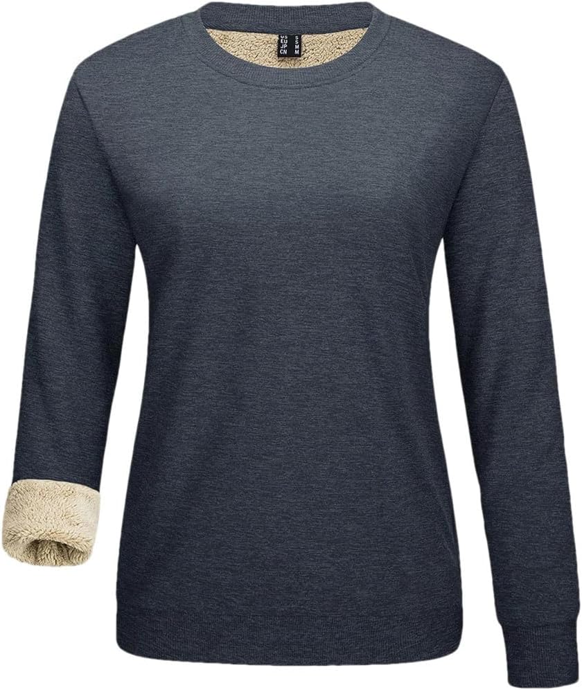 Women's Fleece Sweatshirt Winter Warm Thickened Lined Long-Sleeved Top Solid Color Casual Pullover Sweater