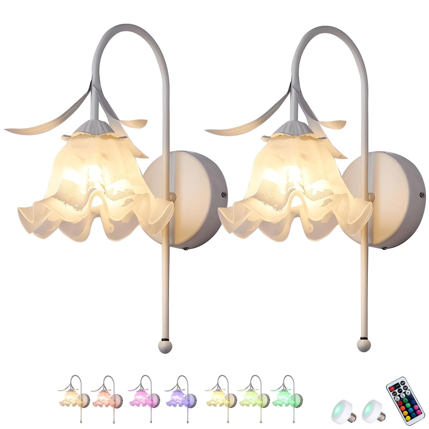 PENTWAN Battery Sconces Wall Decor Set of 2,Rechargeable Wall Scones,Modern Flower Wall Lights,Wireless Sconces with Remote,Dimmable Lighting Fixtures for Bedroom Living Room Entryway(White,Colorful)