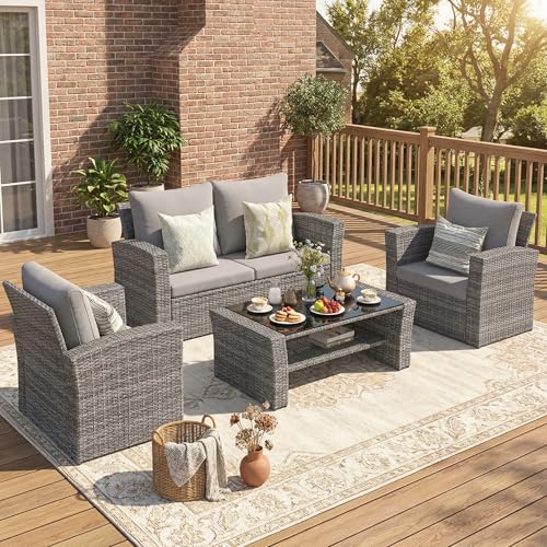 Wisteria Lane Patio Furniture Set, Wicker Outside Outdoor Furniture for All Weather, Patio Sofa with High Backrest Support and Wide Armrest for Backyard, Balcony, Deck, Porch, Light Gray