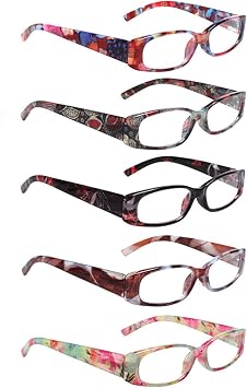 5 Pack Spring Hinge Reading Glasses Rectangular Fashion Quality Readers for Men and Women 5 Mix, 1.75Medium