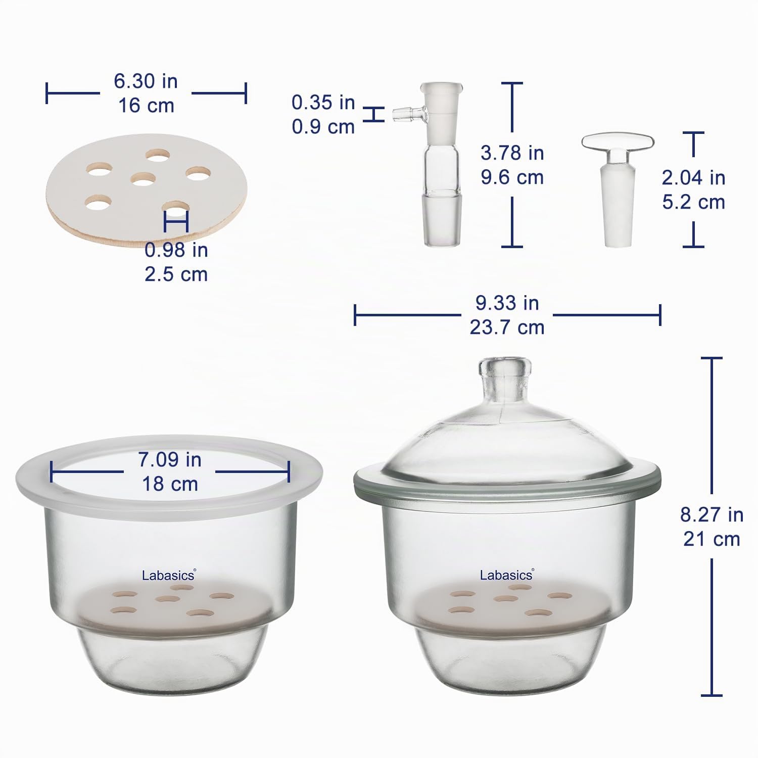 Labasics Desiccante Sottovuoto in Vetro, Desiccante Sottovuoto in Vetro con Valvola Sottovuoto in Vetro e Piatto in Porcellana per Ricerca di Laboratorio, 180 mm