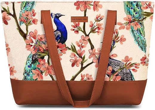 The Purple Tree Handcrafted Women's Tote Bag with Vegan Leather Handles &amp; Indian Prints, Shoulder Tote Bag and Handbag for...