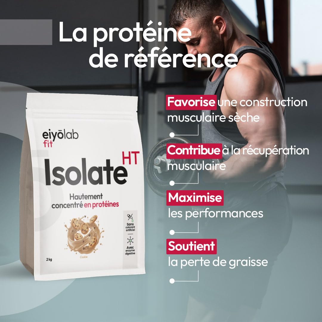 ISOLATE HT | Whey Aislado de Proteína en Polvo | Hasta 88% de Proteína | Rica en BCAA + Glutamina | Culturismo rápido y seco | Bajo en Lactosa | Sabor Cookie | 2 kg | Eiyolab