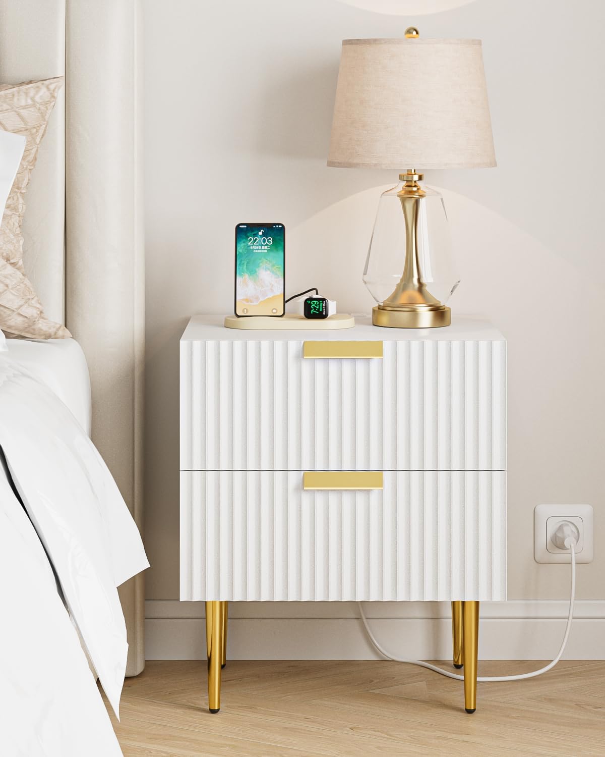 Nightstand with Charging Station, Bedside Table with Gold Frame,White Night Stand, End Table with 2Drawer, Mid Century Modern Bedside Table, Dresser for Bedroom,Living Room White-outlet Large-2Drawer