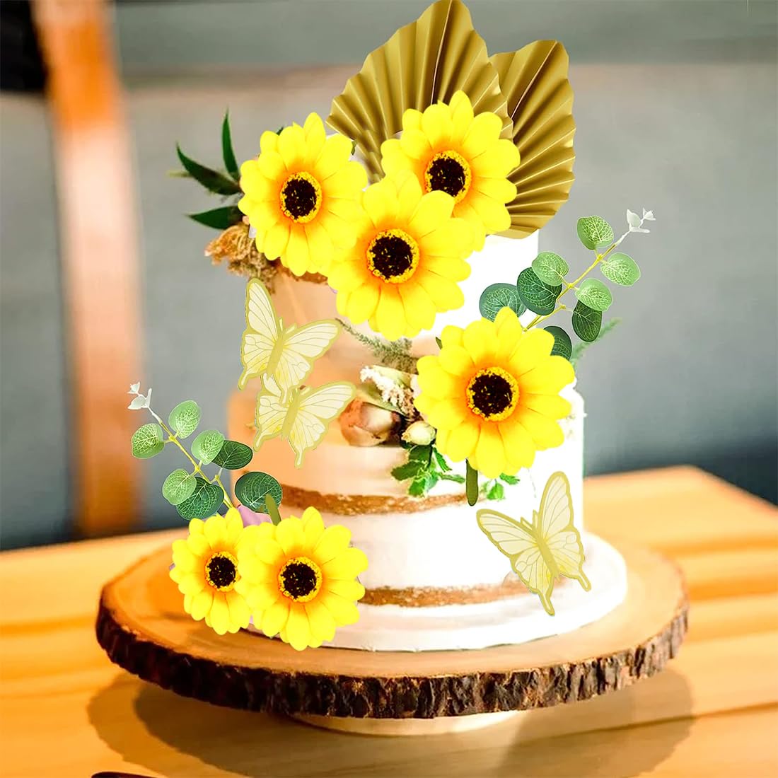 60-teiliges Sonnenblumen Torten-Deko Set – Mit Kerzen, Schmetterlingen & Goldenen Kugeln Für Geburtstag & Hochzeit
