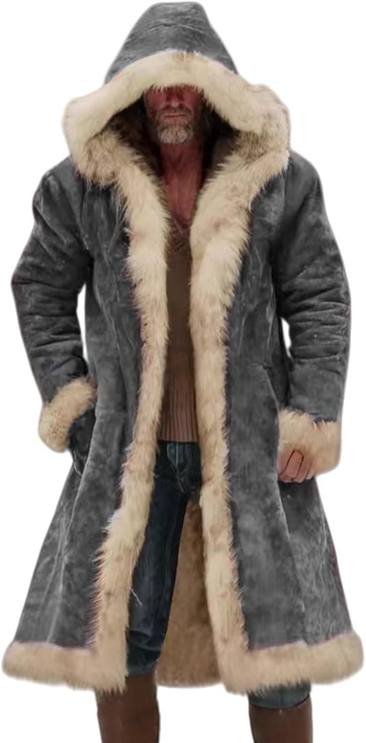 Men Shearling Coats with Hood Faux Leather Winter Long Jackets Mid Length Trench Coat Vintage Suede Jacket Retro Tops