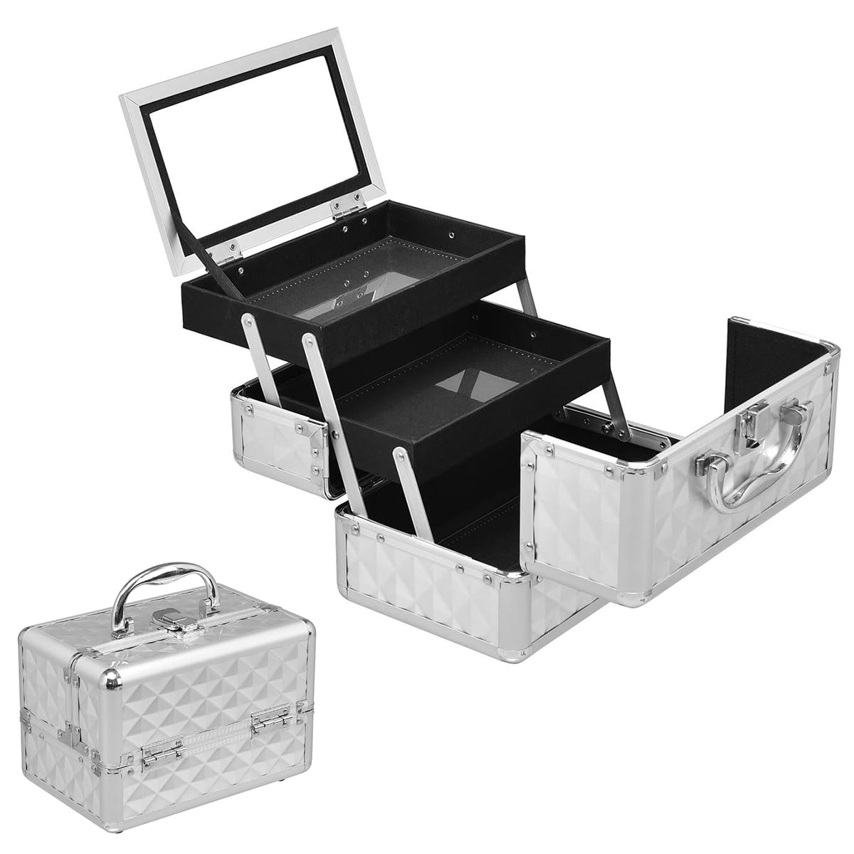 RELAX4LIFE Valigetta Rigida per Trucchi da Viaggio, Mini Valigia Portatile per Cosmetici in ABS e Alluminio, con Specchio, Manico e Chiusura, Design a Tre Strati Pieghevole, 23x15x18cm