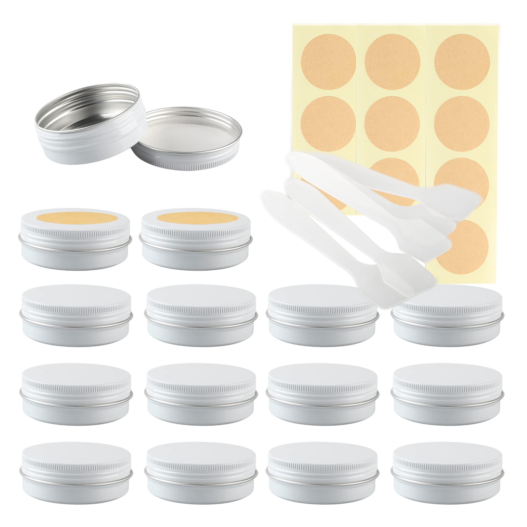 LusDoly Pack of 30 Empty 60ml White Aluminium Tins with Lids - Ø68x25mm Aluminum Screw Pots Travel Round Cosmetic Cream Container Jars for Candle Lip Balm, Salve, with Spatulas & Labels