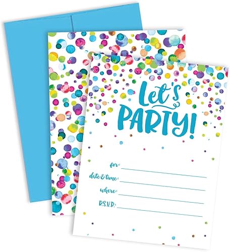 Let's Party - Confeti de acuarela para rellenar tus propias invitaciones de fiesta (juego de 12 invitaciones + 12 sobres de frambuesa azul), por