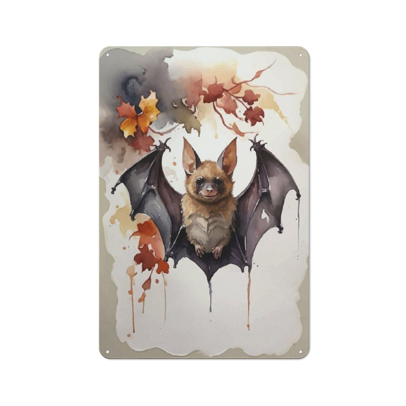 Junmoney Cute Bat Watercolor Tin Wall Plaque 30X20cm With For Guest Room Or Hallway, For Home Office, Studio And Craft Room Walls