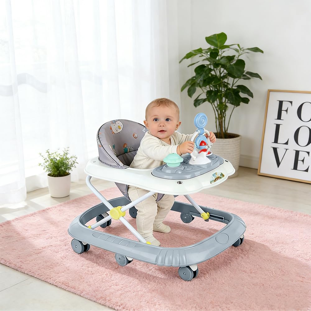 Girello 4 in 1, girello pieghevole per bambini con vassoio di gioco interattivo con suoni, base anti-ribaltamento, deambulatore ruote in silicone e 4 posizioni di altezza, da 6 a 18 mesi (grigio-67 x - 4