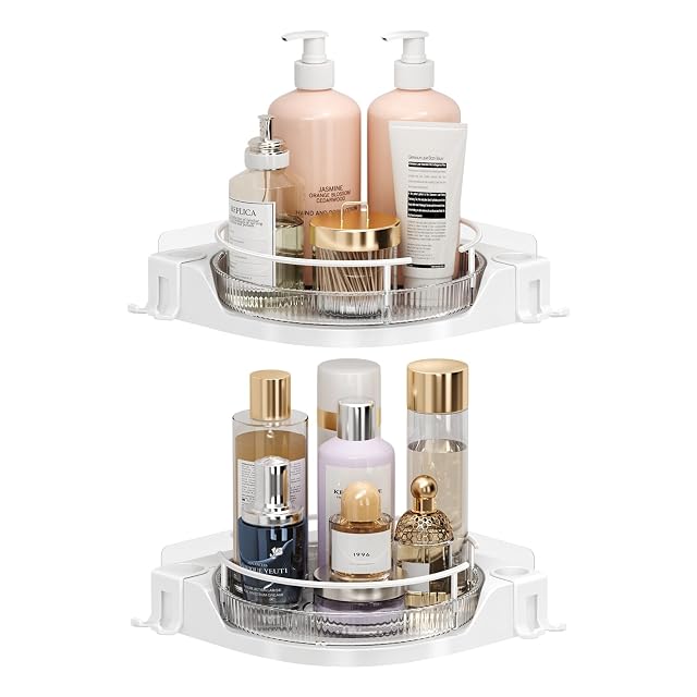 Naimuesly Corner Shower Caddy Shelf with Hooks 2 Pack Adhesive Wall Mounted Bathroom Shower Organizer for Inside Shower