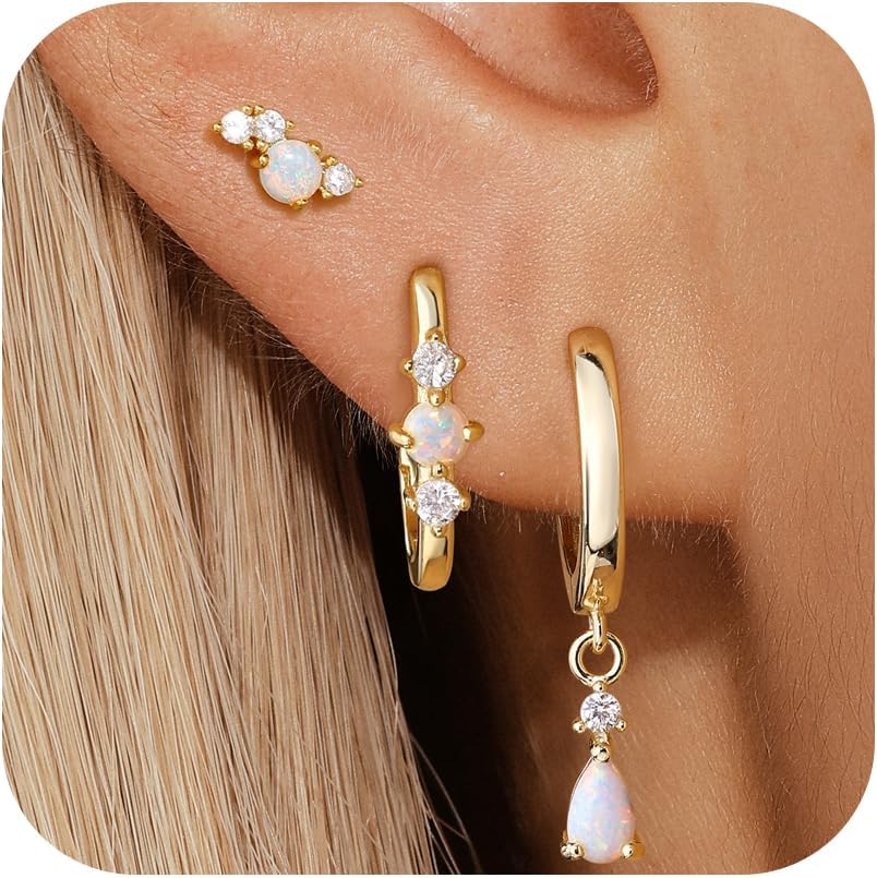 Opal Earrings Set for Women, Christmas Gift for Her, Sterling Silver | 14K Gold Plated, Hypoallergenic S925 Hoop Stud Earrings for Women with Sensitive Ears, Dainty earring Stacks—Trendy Opal Jewelry 2025