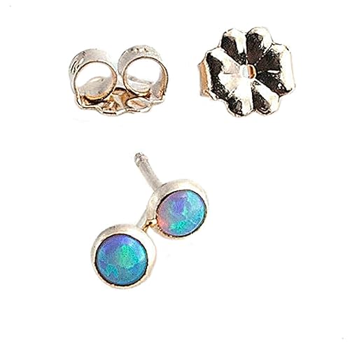 Light Blue Opal 3mm Tiny Stone in 14K Gold Filled Bezel Set Stud Handmade Earrings Post Piercing Birthstone Earrings Jewelry for Women or Teens