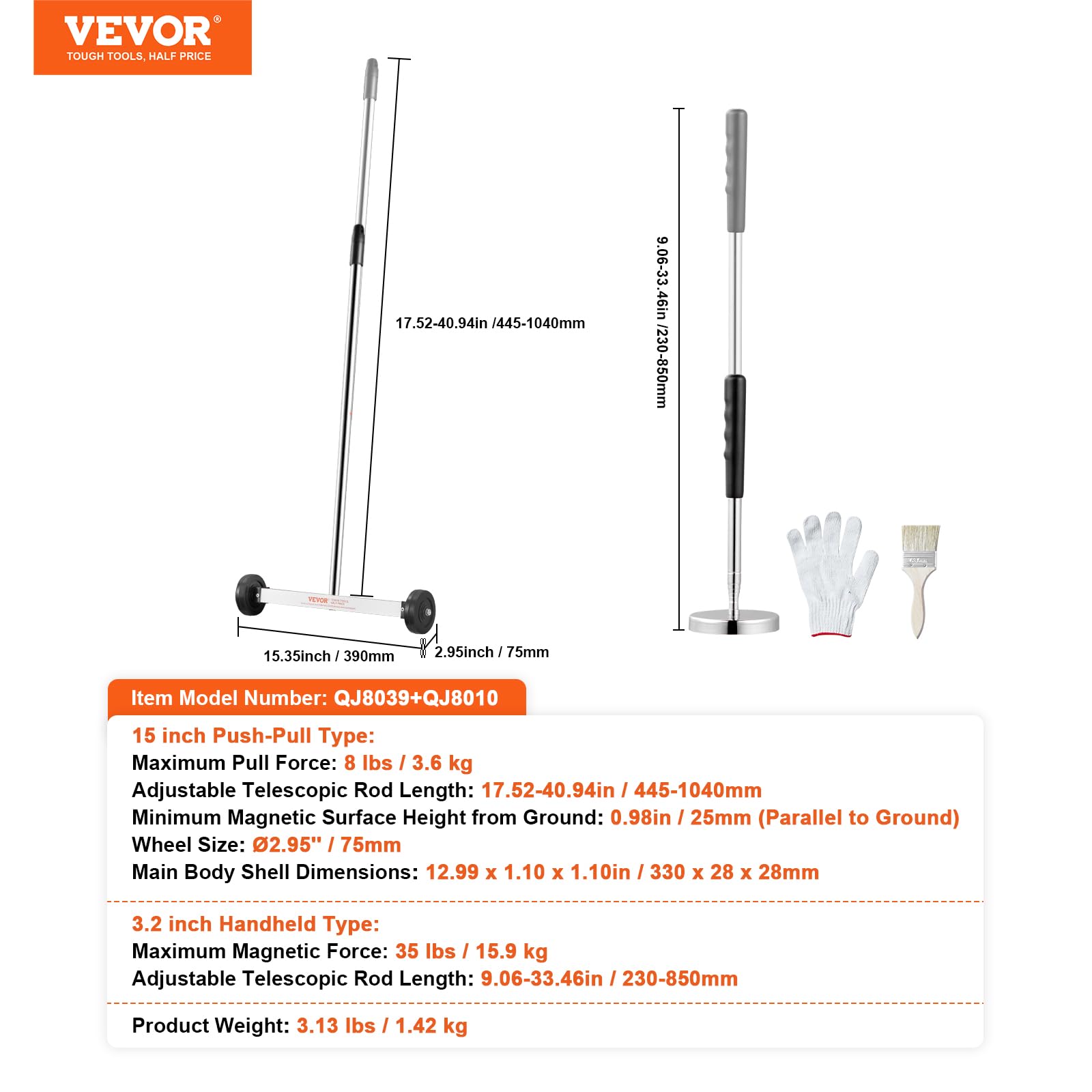 VEVOR Spazzatrice Magnetica con Ruote 38cm Capacità max. 3,6kg, Strumento di Raccolta Magnetico Estensibile, Maniglia Regolabile, Spazzatrice Magnetica Raccogliere Chiodi Viti da Officina Garage
