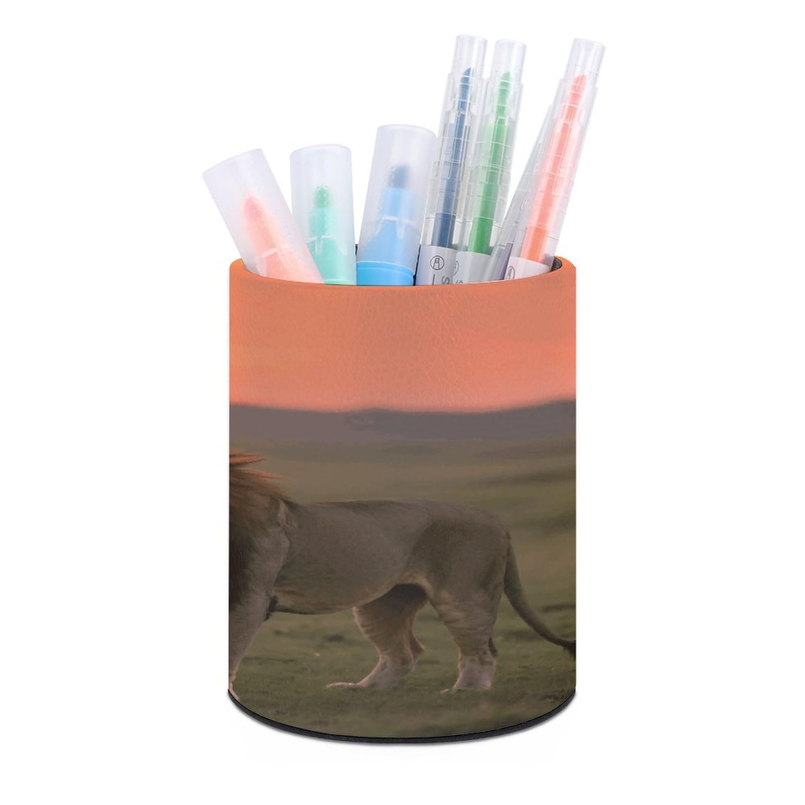 VstaDank African Lion Savannah Pen Holder Round Pencil Holder Cup Pen Container PU Leather Desk Organizer Stand Decorative Brush Scissor Holder Decoration Office Desk Home (3.1 x 3.9 inch)