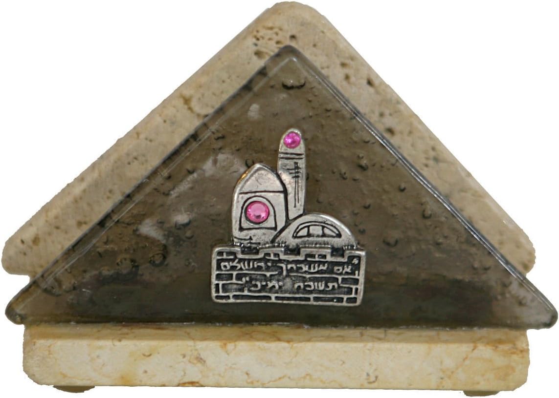 Jewish Triangle Shape Napkin Holder, Jerusalem Stone Base & Gray Glass With Pink Stones Plaque With Jerusalem Skyline On The other Size Plaque With Blessing for Lighting shabbat Candles From Israel By Koresh Size: 4.5" Wide x 2" deep x 3" Tall Can also be uses as matchbox / match holder. Great Gift For: Chupah Wedding Housewarming Jewish Homes. Jewish Art