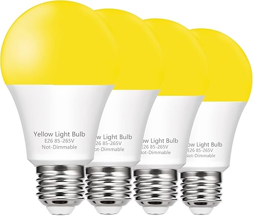 Paquete de 4 bombillas LED amarillas para insectos al aire libre bombilla amarilla A19 9 W equivalente a 60 W 800 lúmenes brillo ámbar de 2400 K no